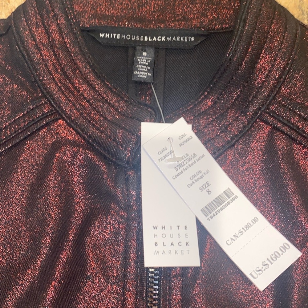 WHITE HOUSE BLACK MARKET New With Tags Coated Dark Rouge Foil Band Jacket Size 8